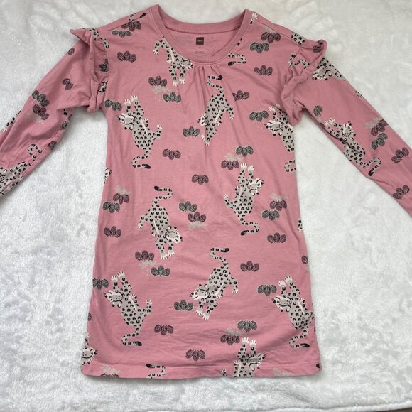 Tea Collection Leopard Print Dress Girl's 6 Pink‎ Knit Cotton Long Sleeves FLAW - Picture 2 of 8